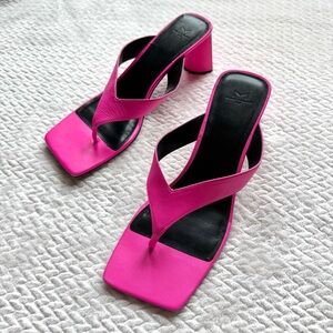 Marc Fisher Cadence Leather Thong Square Toe Slide Sandals 11 Pink Block Heel